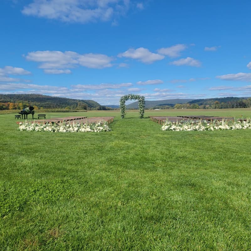 Outdoor ceremony lawn with rows of white chairs under a blue sky