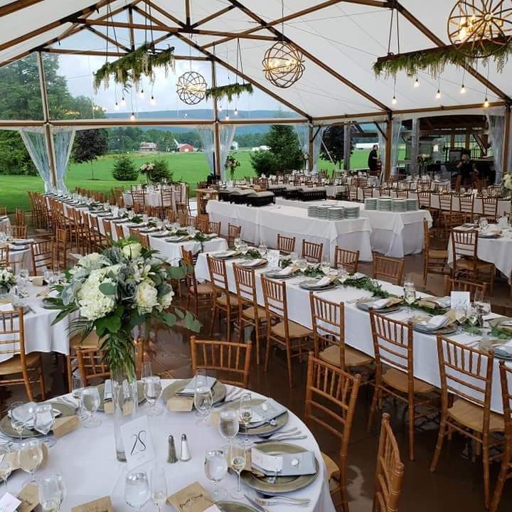 Tented reception with hanging greenery overlooking a green valley